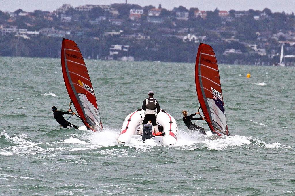 David Robertson trails the RS:X sailors at the start of a training session, Takapuna, March 31 2016  &copy; Richard Gladwell www.photosport.co.nz